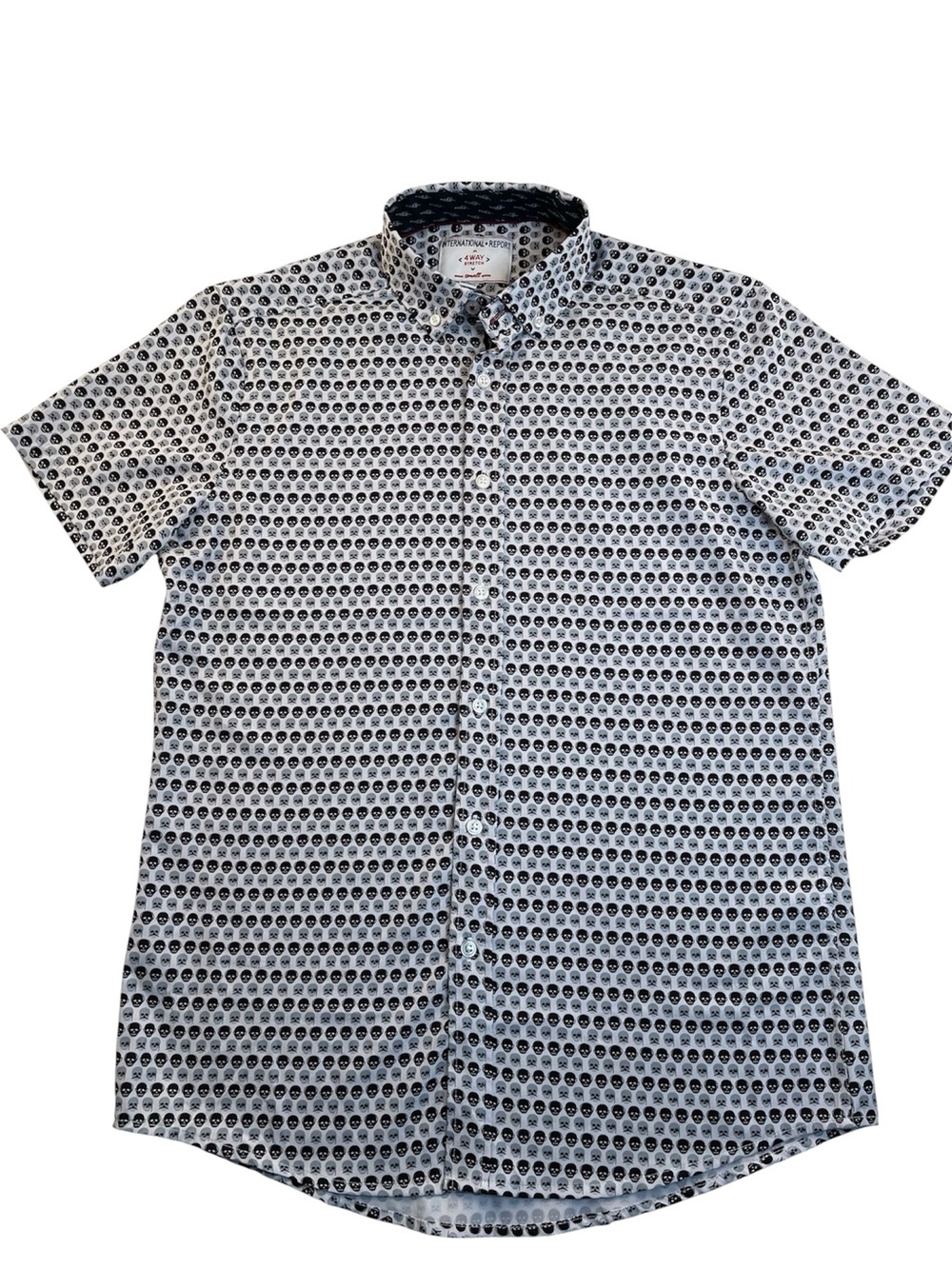 Button-Down Short Sleeve Shirt in White with Navy Microprint